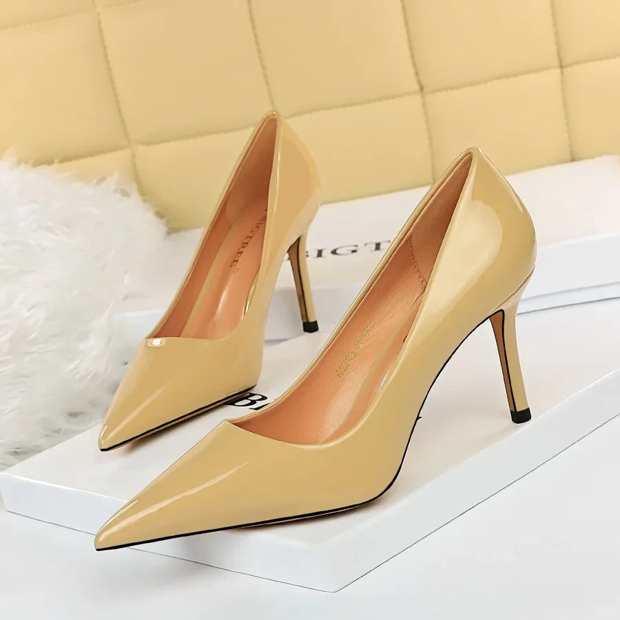 Women High Heels Scar pins Pumps Lady Glossy Leather Fetish Wedding Bridal Mid Low Heels Office Shoes