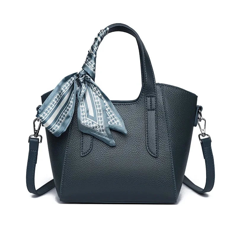 Pure Leather Cowhide Single Shoulder Crossbody Bag Ladies Handbag Fashion Bucket Bag Simple Basket Comes with Scarf