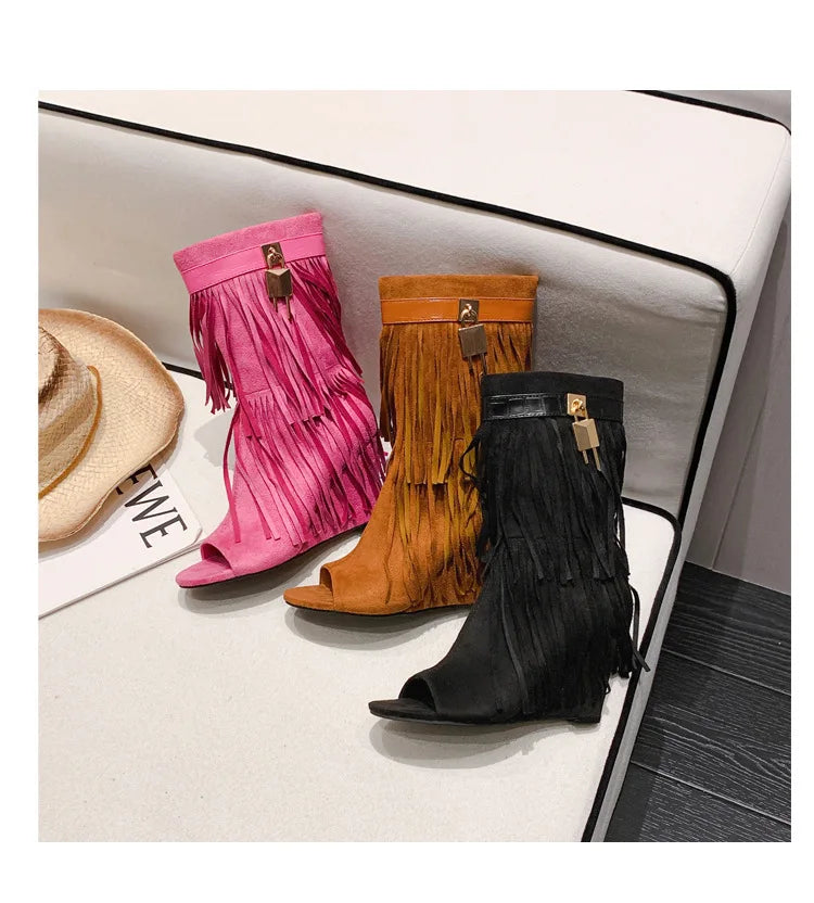 Designer Fringe Wedges Boot Sandals Woman High Heels Open Toe Party Prom Shoes Sexy Zipper Female Pumps Women Boots