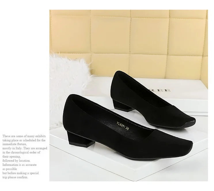 Women Fashion Style Quality Square Toe Low Heel Pumps Lady Prom Suede Shallow Mouth Thick High OL Single Shoes