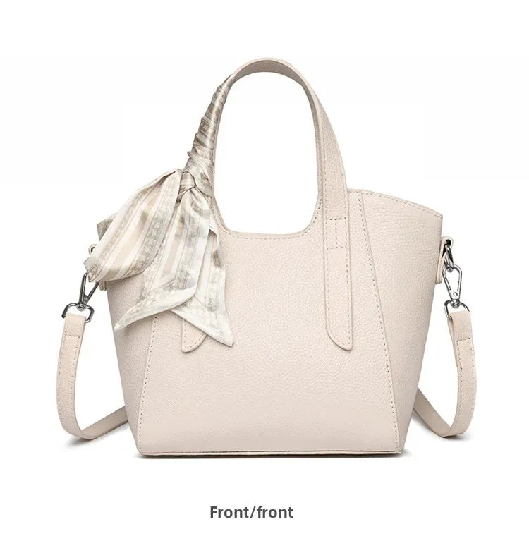 Pure Leather Cowhide Single Shoulder Crossbody Bag Ladies Handbag Fashion Bucket Bag Simple Basket Comes with Scarf