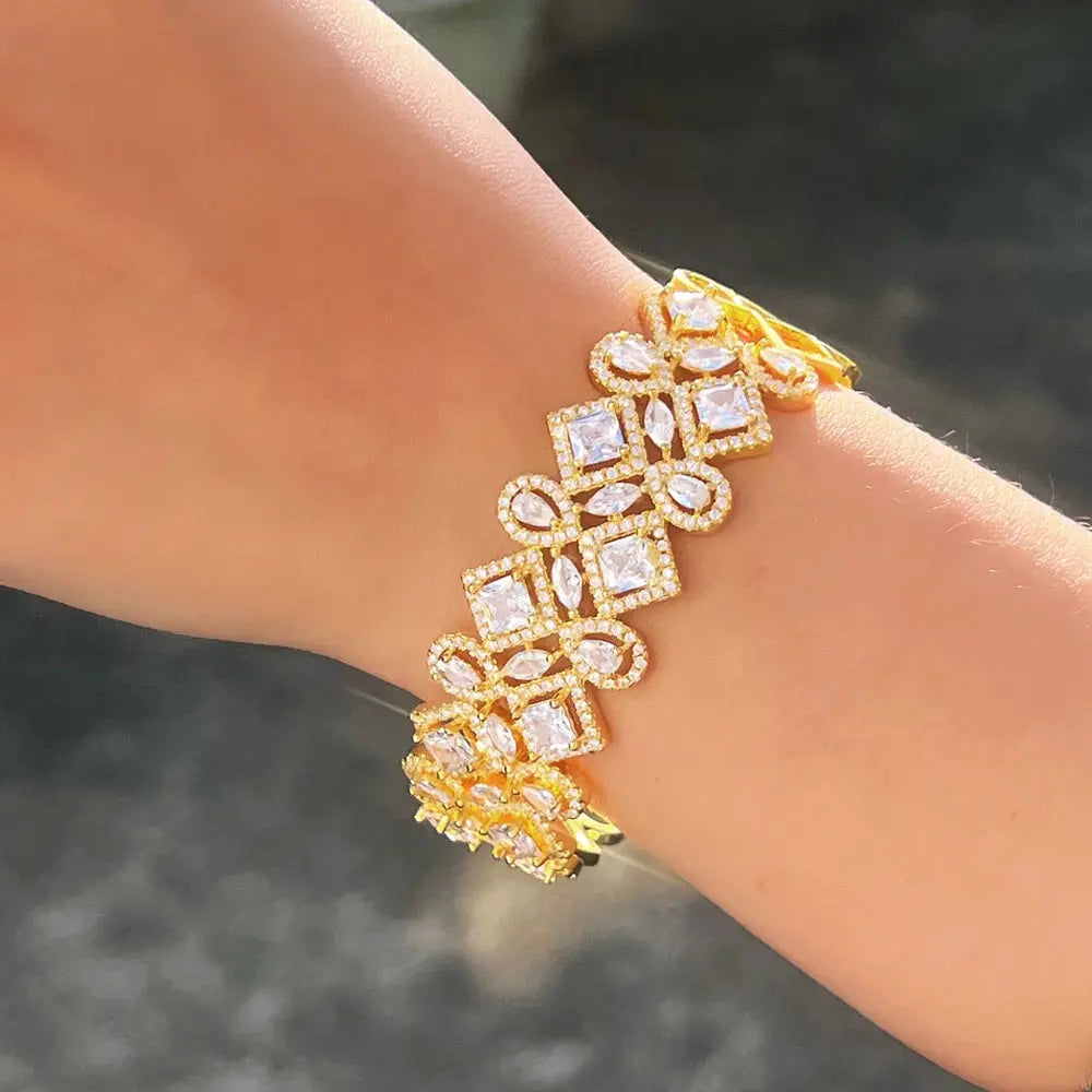 Shiny Cubic Zirconia Geometric Shape Big Open Cuff Bangle for Women Bridal Wedding Jewelry Natalia Home Fashion Natalia Home Fashion