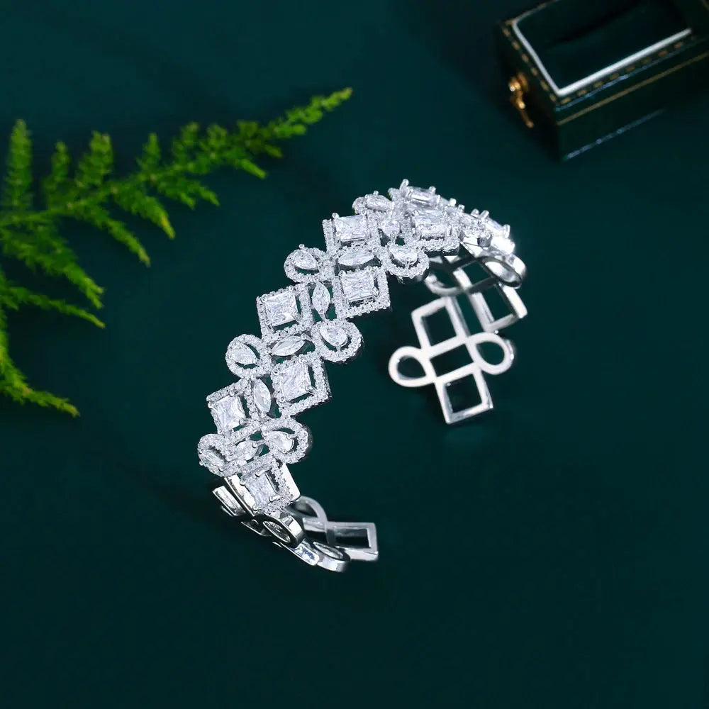 Shiny Cubic Zirconia Geometric Shape Big Open Cuff Bangle for Women Bridal Wedding Jewelry Natalia Home Fashion Silver-Color Natalia Home Fashion