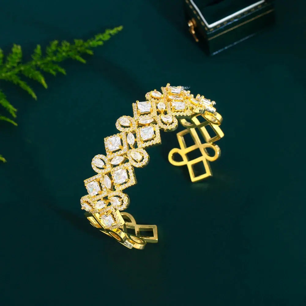 Shiny Cubic Zirconia Geometric Shape Big Open Cuff Bangle for Women Bridal Wedding Jewelry Natalia Home Fashion Gold-Color Natalia Home Fashion