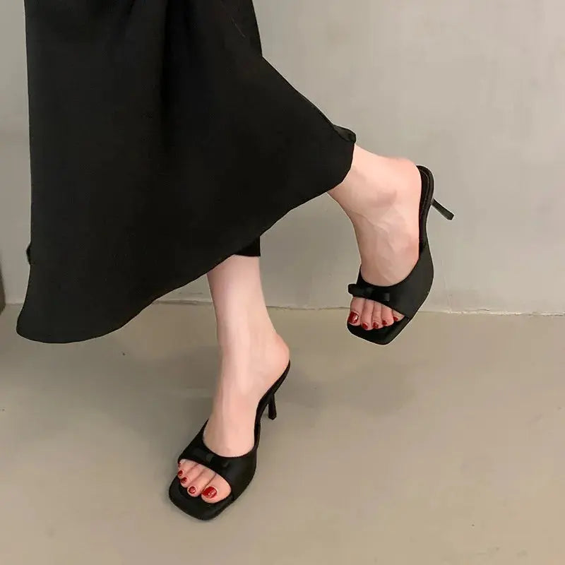 Slipper Mules Low High Heels Shoes Summer Best Street Look Females Square Head Open Toe Bow Strappy Sandals Women Natalia Home Fashion Natalia Home Fashion