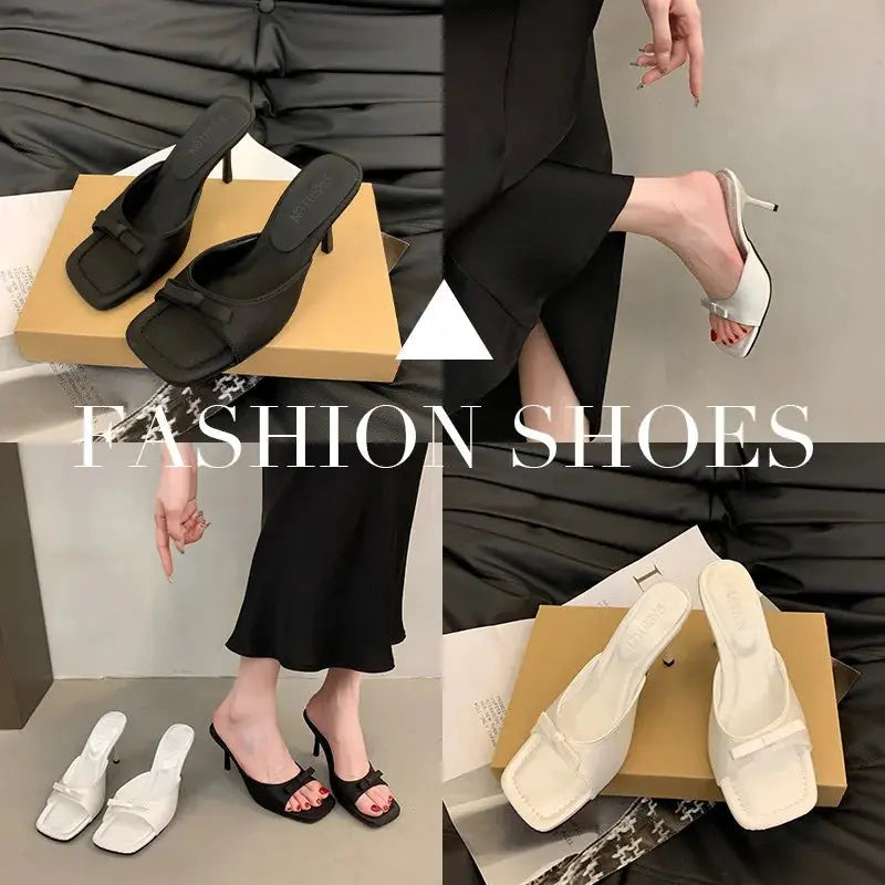 Slipper Mules Low High Heels Shoes Summer Best Street Look Females Square Head Open Toe Bow Strappy Sandals Women Natalia Home Fashion Natalia Home Fashion