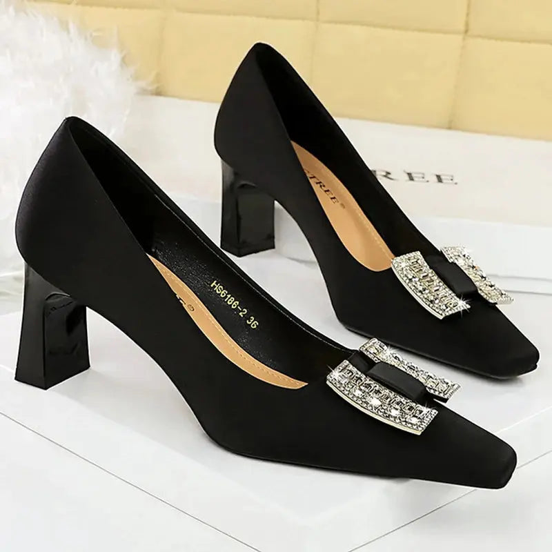 Square Head Women Pumps Rhinestone Heels Ladies Shoes Thick Heel Office Shoes Fashionable High Heels Shoes Natalia Home Fashion Natalia Home Fashion