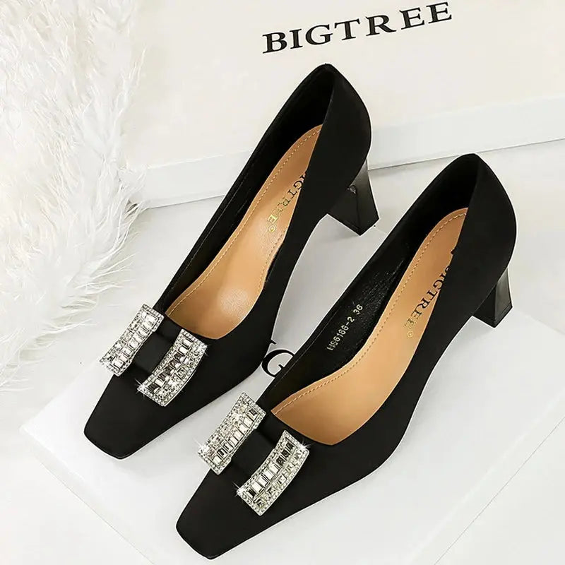 Square Head Women Pumps Rhinestone Heels Ladies Shoes Thick Heel Office Shoes Fashionable High Heels Shoes Natalia Home Fashion Natalia Home Fashion