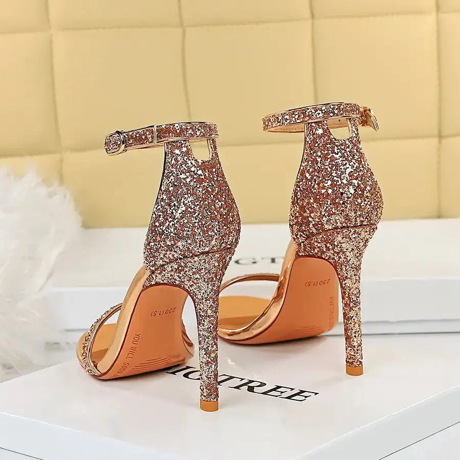 Summer Luxury Bling Sequined Open-toe Shoes T-strap Hollow Out High Heels Sandals Ladies Party Nightclub Sandal My Store