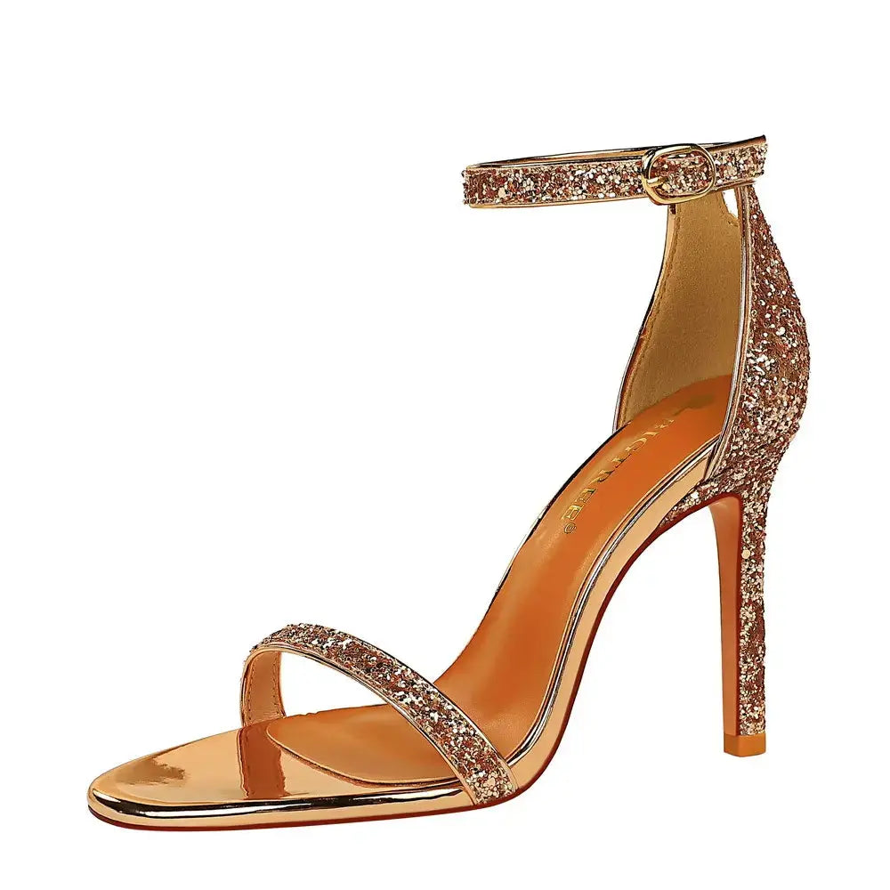 Summer Luxury Bling Sequined Open-toe Shoes T-strap Hollow Out High Heels Sandals Ladies Party Nightclub Sandal My Store