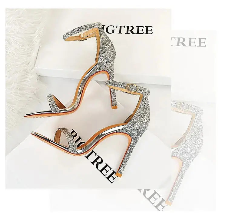 Summer Luxury Bling Sequined Open-toe Shoes T-strap Hollow Out High Heels Sandals Ladies Party Nightclub Sandal My Store