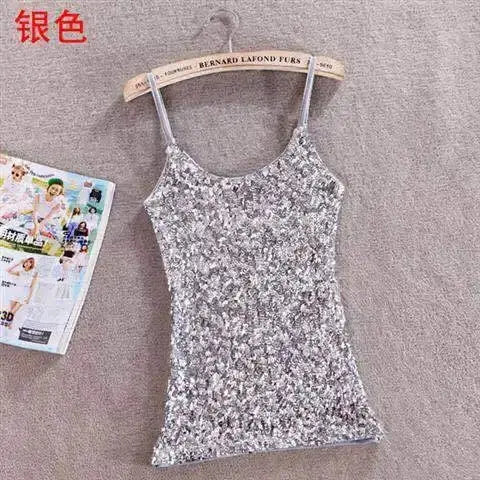 Tank Tops Women Clothing Summer Sleeveless Casual Slim Shirt Woman Streetwear Sexy Sequins Top Ladies Clothes Camis Natalia Home Fashion 1-silvery-One-Size Natalia Home Fashion