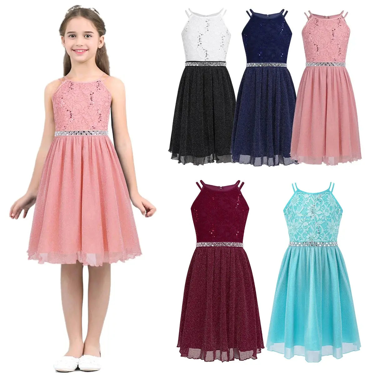 Teen Girls Sleeveless Sequined Floral Lace Shiny Dress for Wedding Formal Birthday Party Dresses Natalia Home Fashion Natalia Home Fashion