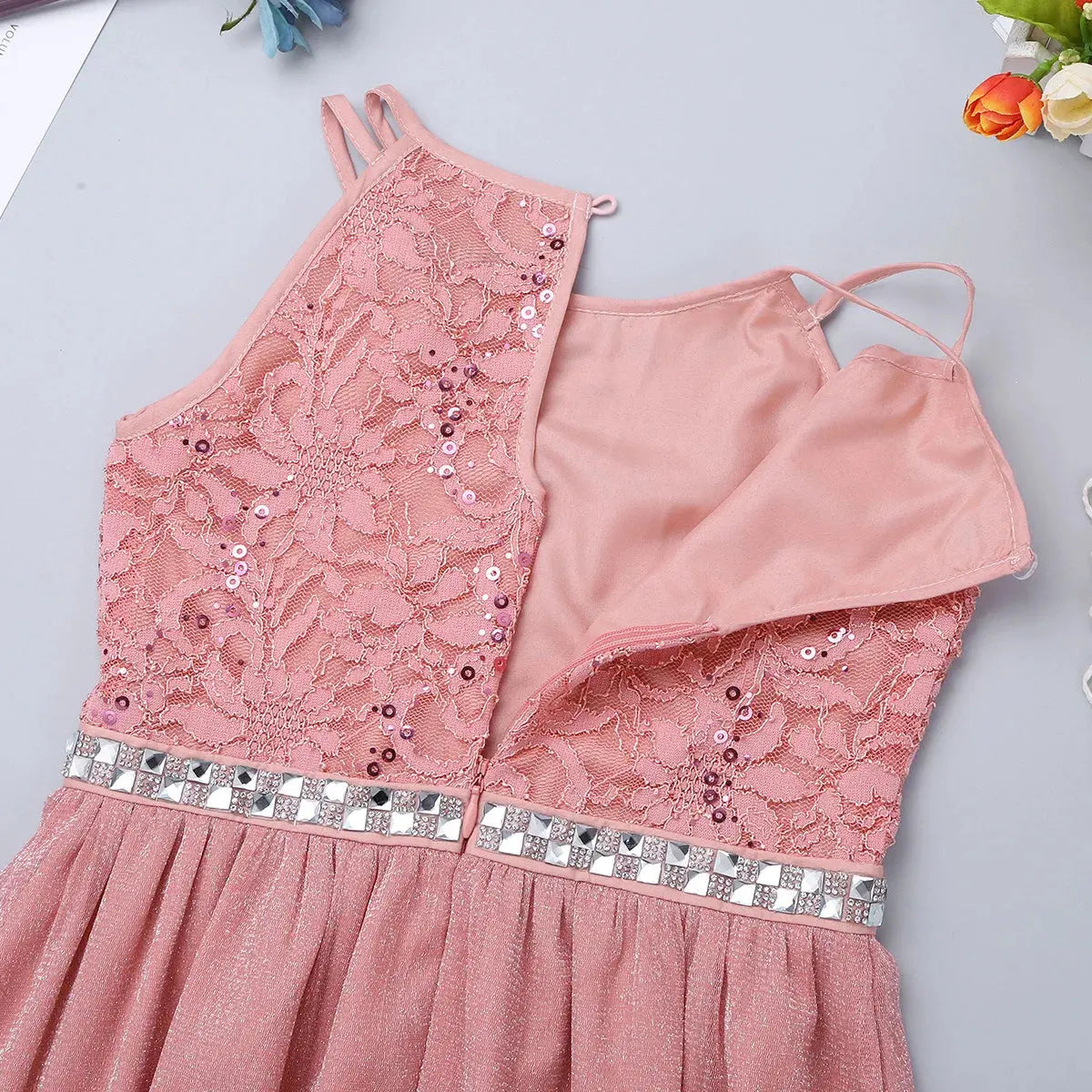 Teen Girls Sleeveless Sequined Floral Lace Shiny Dress for Wedding Formal Birthday Party Dresses Natalia Home Fashion Natalia Home Fashion