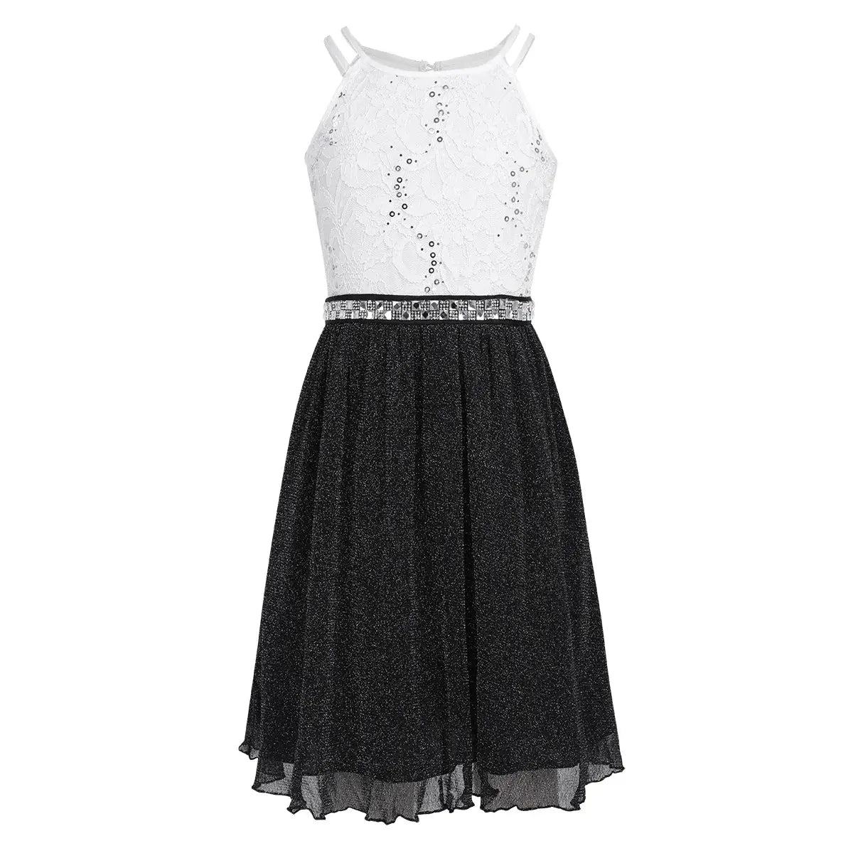 Teen Girls Sleeveless Sequined Floral Lace Shiny Dress for Wedding Formal Birthday Party Dresses Natalia Home Fashion Black-White-12 Natalia Home Fashion