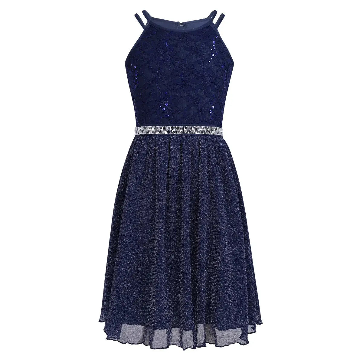 Teen Girls Sleeveless Sequined Floral Lace Shiny Dress for Wedding Formal Birthday Party Dresses Natalia Home Fashion Navy-Blue-16 Natalia Home Fashion