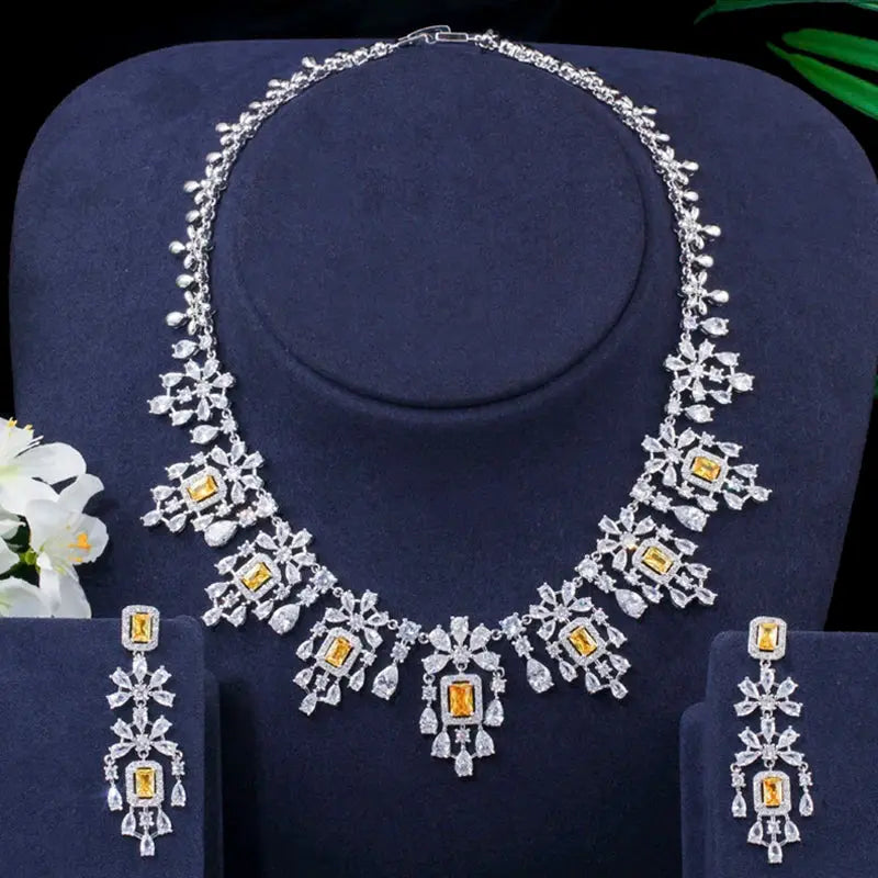 ThreeGraces Luxury Yellow Cubic Zirconia Long Dangle Earrings and Necklace Bridal Wedding Party Jewelry Set for Women T1005 Natalia Home Fashion Yellow Natalia Home Fashion