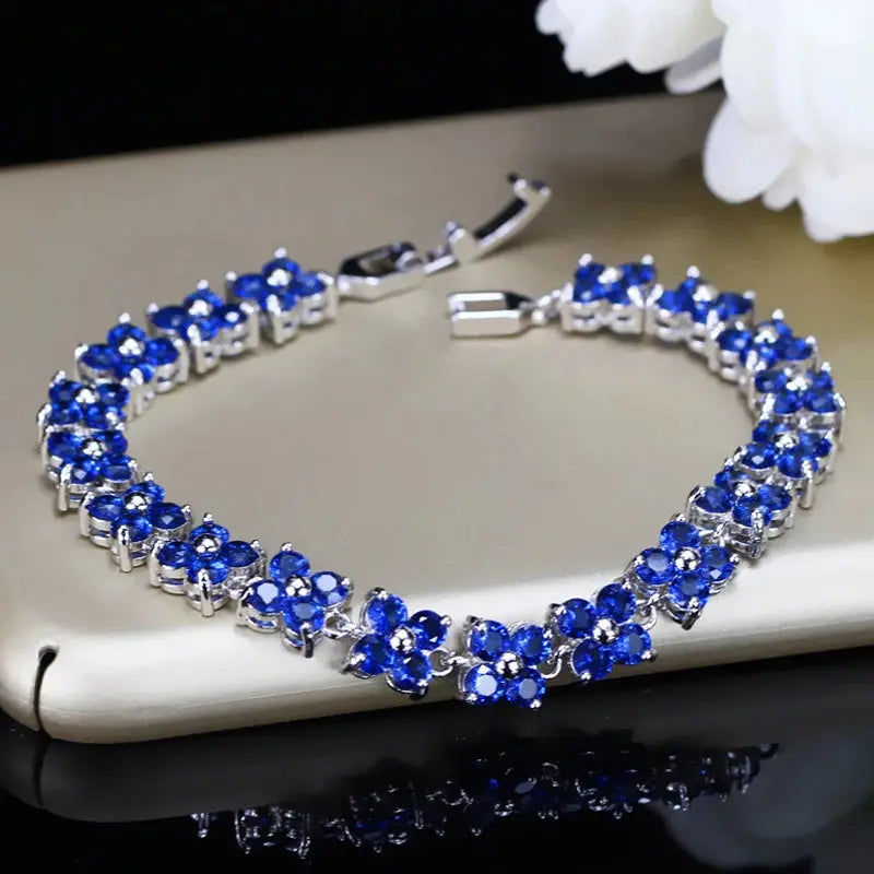 Trendy Blue Cubic Zirconia White Gold Color Flower Shape Fashion Party CZ Tennis Bracelet for Women Jewelry Natalia Home Fashion Natalia Home Fashion