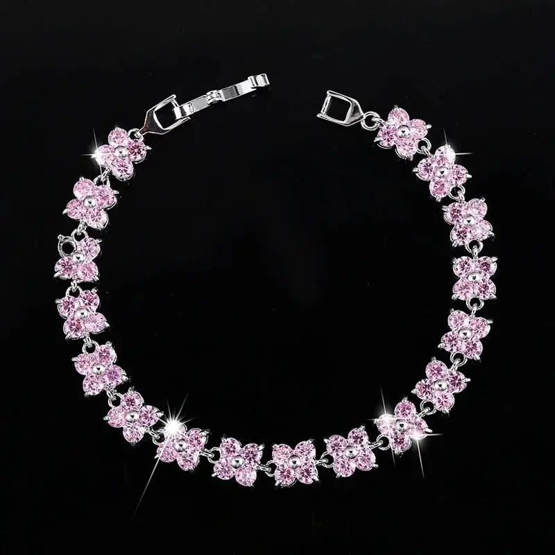 Trendy Blue Cubic Zirconia White Gold Color Flower Shape Fashion Party CZ Tennis Bracelet for Women Jewelry Natalia Home Fashion Natalia Home Fashion