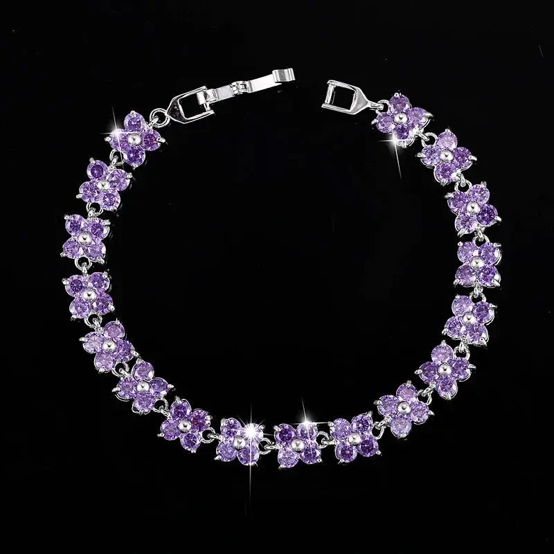 Trendy Blue Cubic Zirconia White Gold Color Flower Shape Fashion Party CZ Tennis Bracelet for Women Jewelry Natalia Home Fashion Natalia Home Fashion