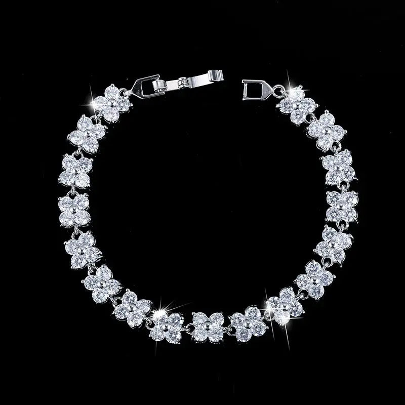 Trendy Blue Cubic Zirconia White Gold Color Flower Shape Fashion Party CZ Tennis Bracelet for Women Jewelry Natalia Home Fashion White Natalia Home Fashion