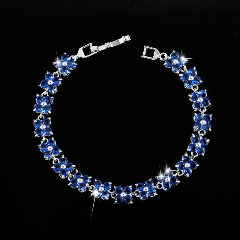 Trendy Blue Cubic Zirconia White Gold Color Flower Shape Fashion Party CZ Tennis Bracelet for Women Jewelry Natalia Home Fashion Blue Natalia Home Fashion