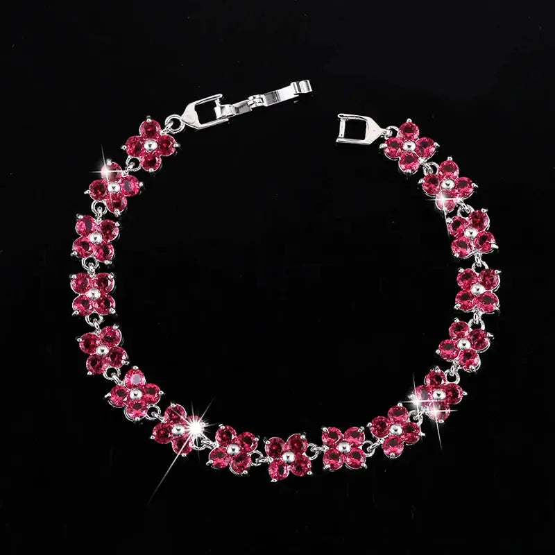 Trendy Blue Cubic Zirconia White Gold Color Flower Shape Fashion Party CZ Tennis Bracelet for Women Jewelry Natalia Home Fashion Red Natalia Home Fashion