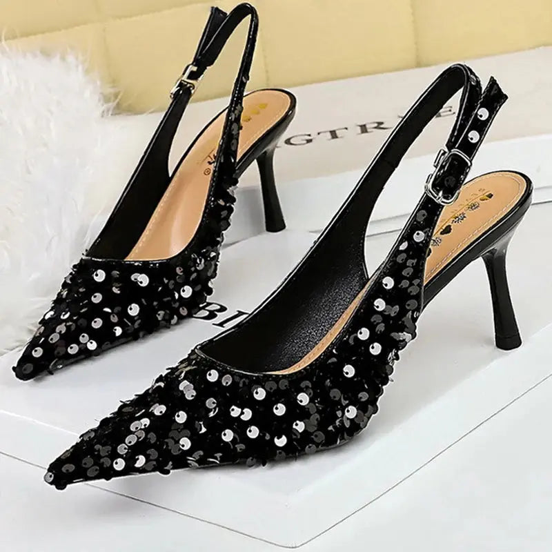 Women 7 Cm 9.5cm Heels Sequin Women Pumps Luxury Banquet Shoes Sexy Party Shoes Fashion High Heels Wedding Shoes Sandals Natalia Home Fashion 869-A22-black-7cm-43 Natalia Home Fashion