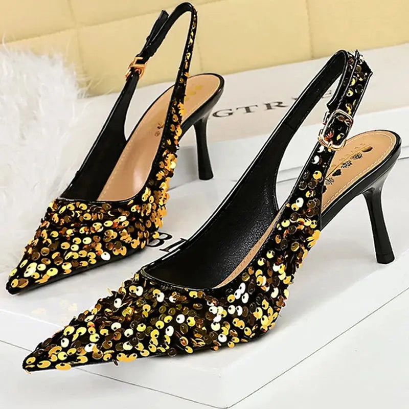 Women 7 Cm 9.5cm Heels Sequin Women Pumps Luxury Banquet Shoes Sexy Party Shoes Fashion High Heels Wedding Shoes Sandals Natalia Home Fashion 869-A22-gold-7cm-37 Natalia Home Fashion