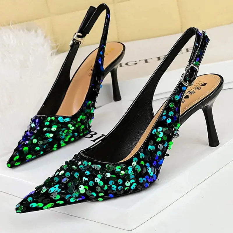 Women 7 Cm 9.5cm Heels Sequin Women Pumps Luxury Banquet Shoes Sexy Party Shoes Fashion High Heels Wedding Shoes Sandals Natalia Home Fashion 869-A22-green-7cm-43 Natalia Home Fashion