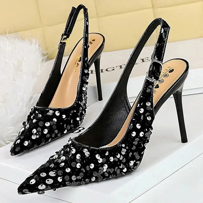 Women 7 Cm 9.5cm Heels Sequin Women Pumps Luxury Banquet Shoes Sexy Party Shoes Fashion High Heels Wedding Shoes Sandals Natalia Home Fashion 869-22-black-9.5cm-43 Natalia Home Fashion