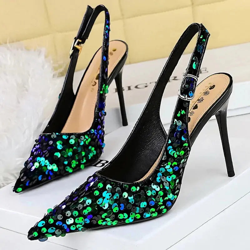 Women 7 Cm 9.5cm Heels Sequin Women Pumps Luxury Banquet Shoes Sexy Party Shoes Fashion High Heels Wedding Shoes Sandals Natalia Home Fashion 869-22-green-9.5cm-43 Natalia Home Fashion