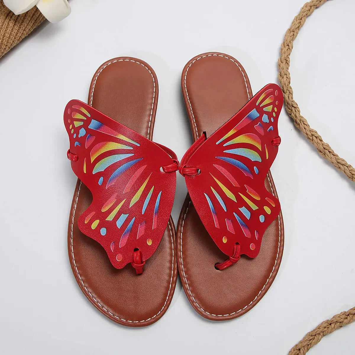 Women Butterfly Graffiti Slippers Fashion Lightweight Anti Slip Flat Bottom Flip Flops Outdoor Beach Casual Shoes Natalia Home Fashion Red-43 Natalia Home Fashion