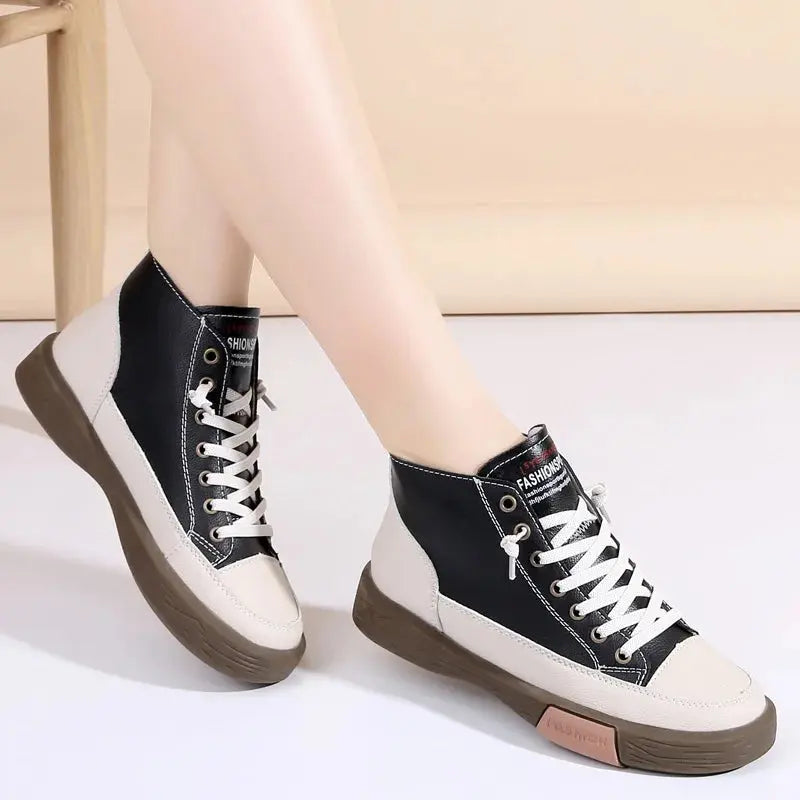 Women Casual Genuine Leather Soft Sole Higth Top Walking Sneaker Girl Student Sport Jogging Shoes Flats Trendy Marton Ankle Boot Natalia Home Fashion black-40 Natalia Home Fashion