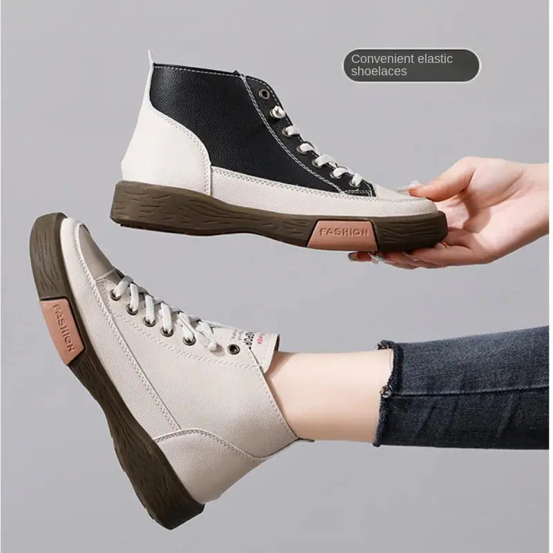 Women Casual Genuine Leather Soft Sole Higth Top Walking Sneaker Girl Student Sport Jogging Shoes Flats Trendy Marton Ankle Boot Natalia Home Fashion Natalia Home Fashion