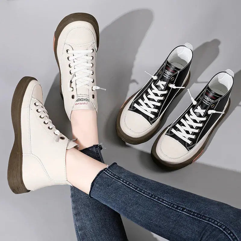 Women Casual Genuine Leather Soft Sole Higth Top Walking Sneaker Girl Student Sport Jogging Shoes Flats Trendy Marton Ankle Boot Natalia Home Fashion Natalia Home Fashion