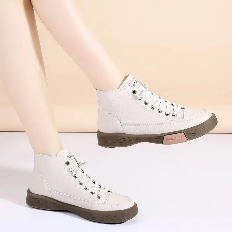 Women Casual Genuine Leather Soft Sole Higth Top Walking Sneaker Girl Student Sport Jogging Shoes Flats Trendy Marton Ankle Boot Natalia Home Fashion Beige-38 Natalia Home Fashion