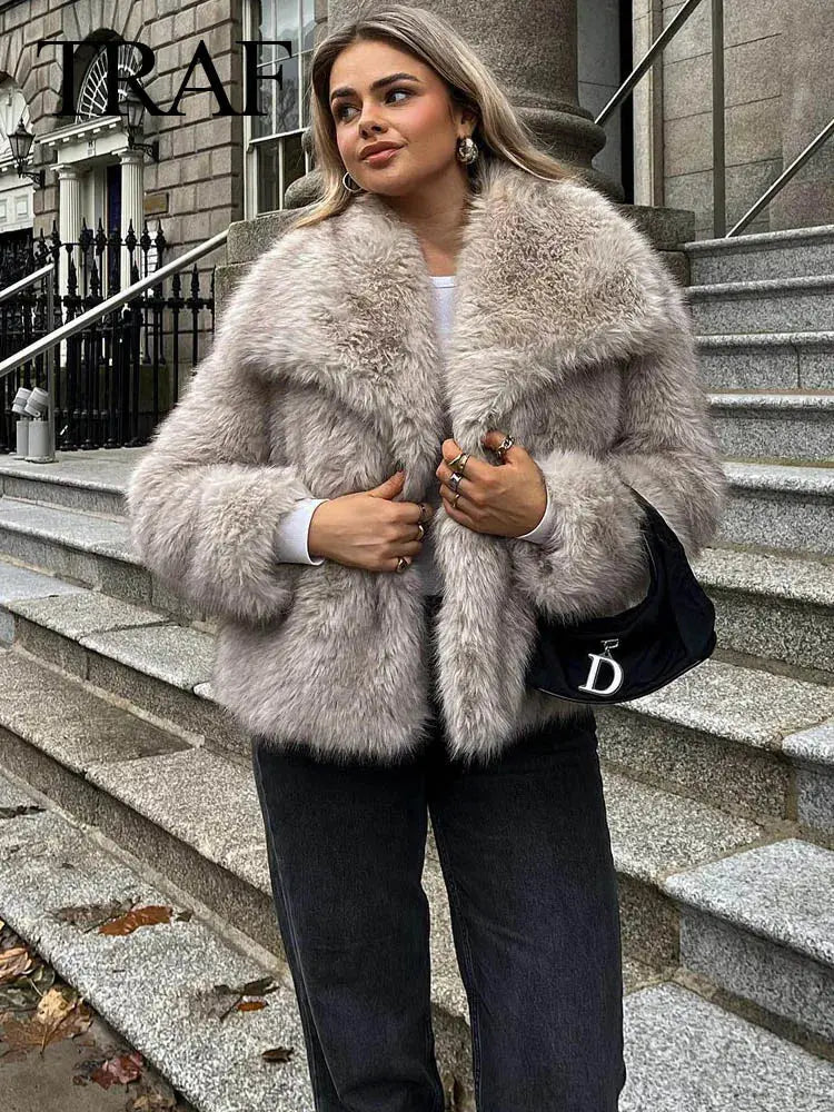 Women Fashion Cropped Faux Fur Jacket Coat Long Sleeve Front Snap-button Female Outerwear Chic Lapel Collar Thick Coat Natalia Home Fashion Natalia Home Fashion