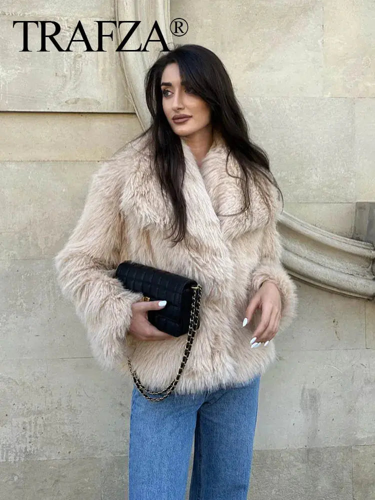 Women Fashion Cropped Faux Fur Jacket Coat Long Sleeve Front Snap-button Female Outerwear Chic Lapel Collar Thick Coat Natalia Home Fashion Natalia Home Fashion