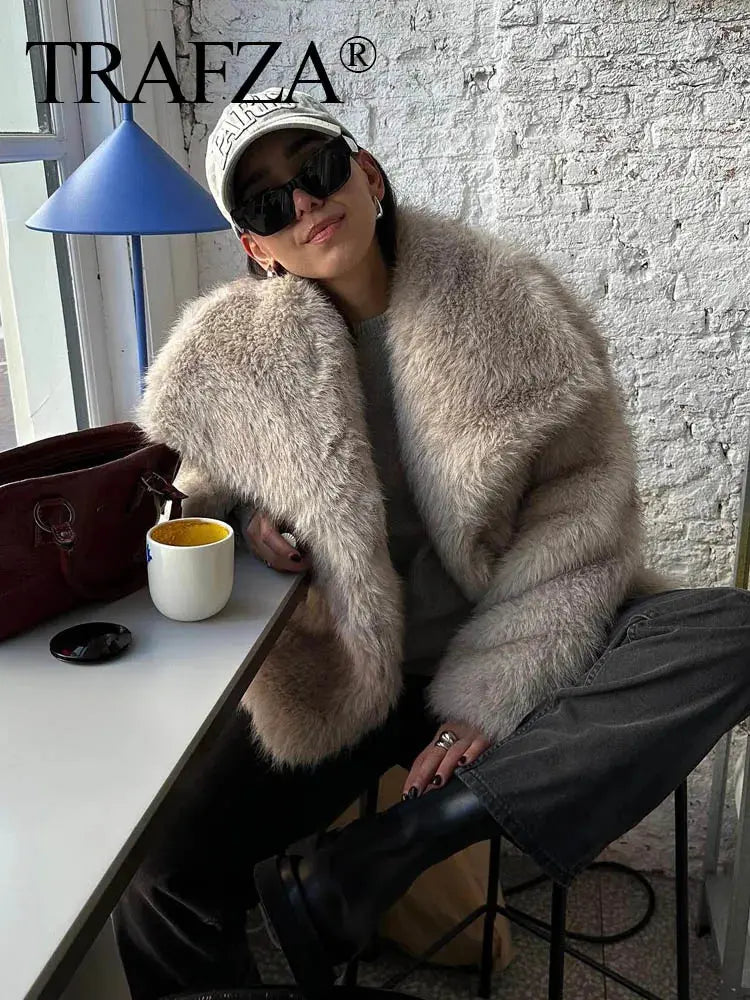 Women Fashion Cropped Faux Fur Jacket Coat Long Sleeve Front Snap-button Female Outerwear Chic Lapel Collar Thick Coat Natalia Home Fashion Natalia Home Fashion