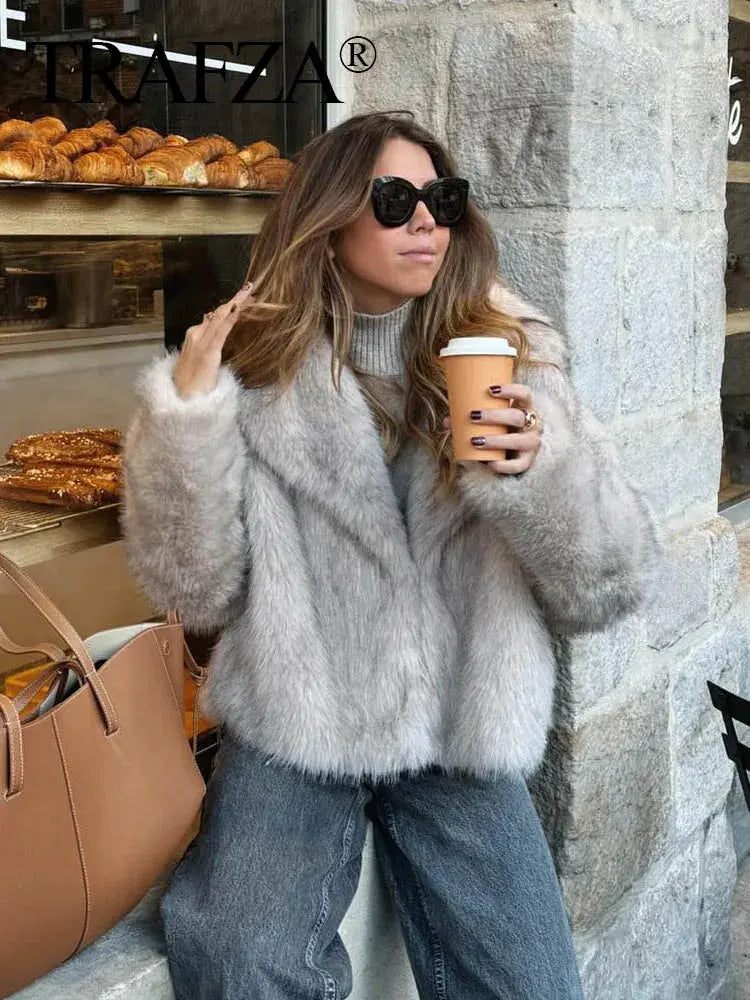 Women Fashion Cropped Faux Fur Jacket Coat Long Sleeve Front Snap-button Female Outerwear Chic Lapel Collar Thick Coat Natalia Home Fashion Natalia Home Fashion