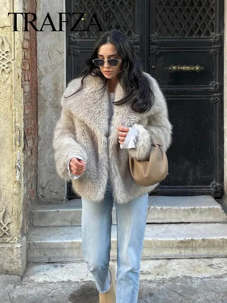 Women Fashion Cropped Faux Fur Jacket Coat Long Sleeve Front Snap-button Female Outerwear Chic Lapel Collar Thick Coat Natalia Home Fashion Natalia Home Fashion