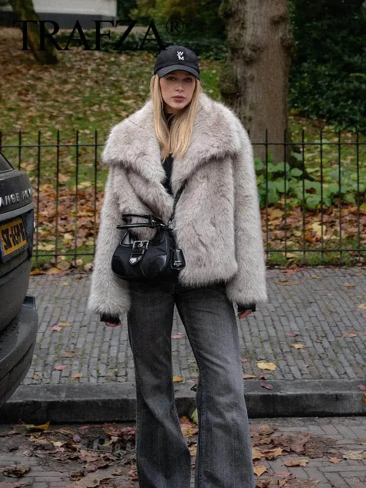 Women Fashion Cropped Faux Fur Jacket Coat Long Sleeve Front Snap-button Female Outerwear Chic Lapel Collar Thick Coat Natalia Home Fashion Natalia Home Fashion