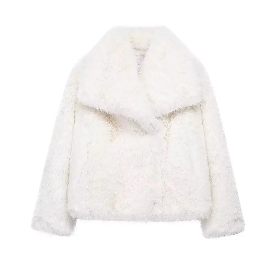 Women Fashion Cropped Faux Fur Jacket Coat Long Sleeve Front Snap-button Female Outerwear Chic Lapel Collar Thick Coat Natalia Home Fashion White-XS Natalia Home Fashion