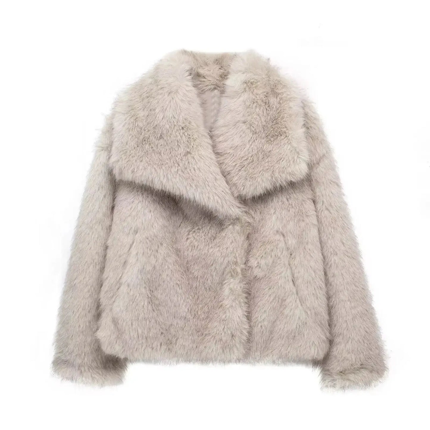 Women Fashion Cropped Faux Fur Jacket Coat Long Sleeve Front Snap-button Female Outerwear Chic Lapel Collar Thick Coat Natalia Home Fashion beige-gray-L Natalia Home Fashion
