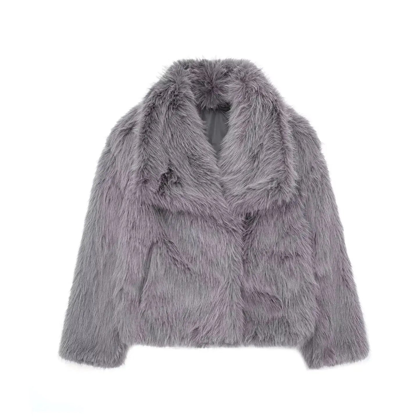 Women Fashion Cropped Faux Fur Jacket Coat Long Sleeve Front Snap-button Female Outerwear Chic Lapel Collar Thick Coat Natalia Home Fashion Dark-grey-XS Natalia Home Fashion