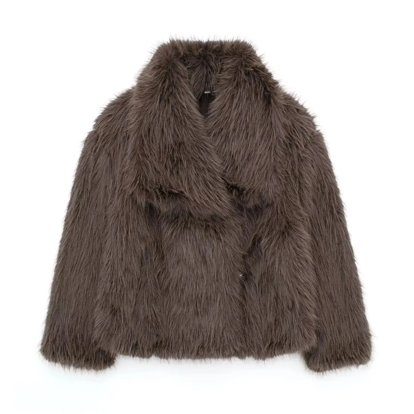 Women Fashion Cropped Faux Fur Jacket Coat Long Sleeve Front Snap-button Female Outerwear Chic Lapel Collar Thick Coat Natalia Home Fashion Brown-XS Natalia Home Fashion