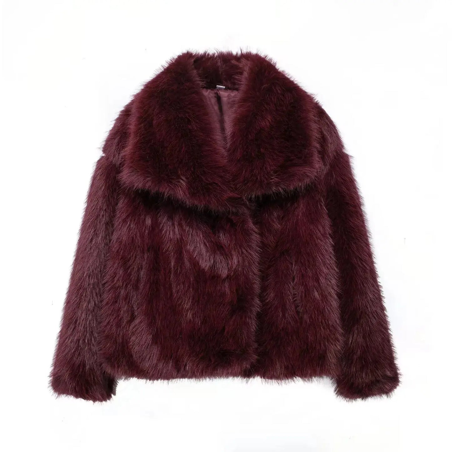 Women Fashion Cropped Faux Fur Jacket Coat Long Sleeve Front Snap-button Female Outerwear Chic Lapel Collar Thick Coat Natalia Home Fashion WineRed-S Natalia Home Fashion