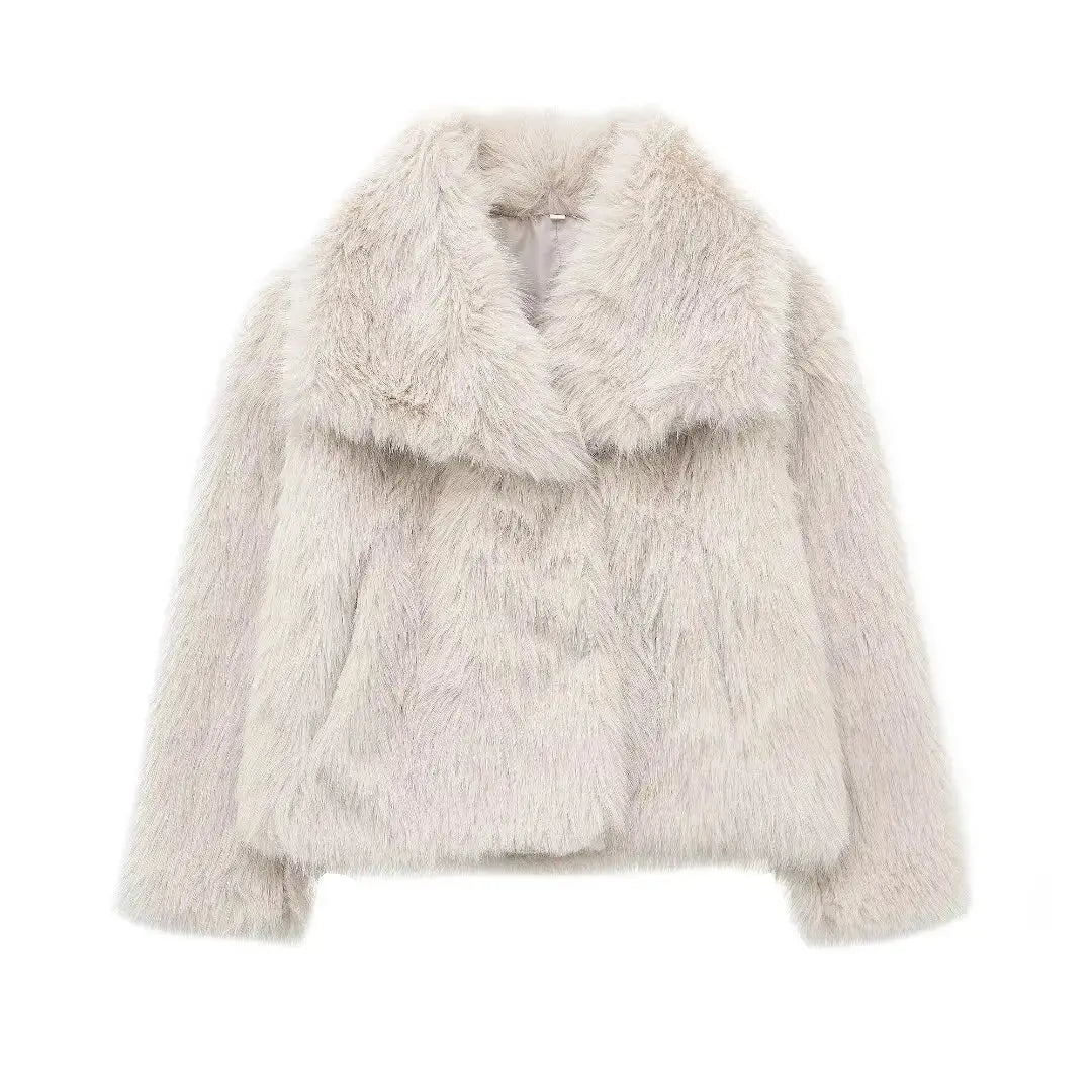 Women Fashion Cropped Faux Fur Jacket Coat Long Sleeve Front Snap-button Female Outerwear Chic Lapel Collar Thick Coat Natalia Home Fashion beige-white-XS Natalia Home Fashion