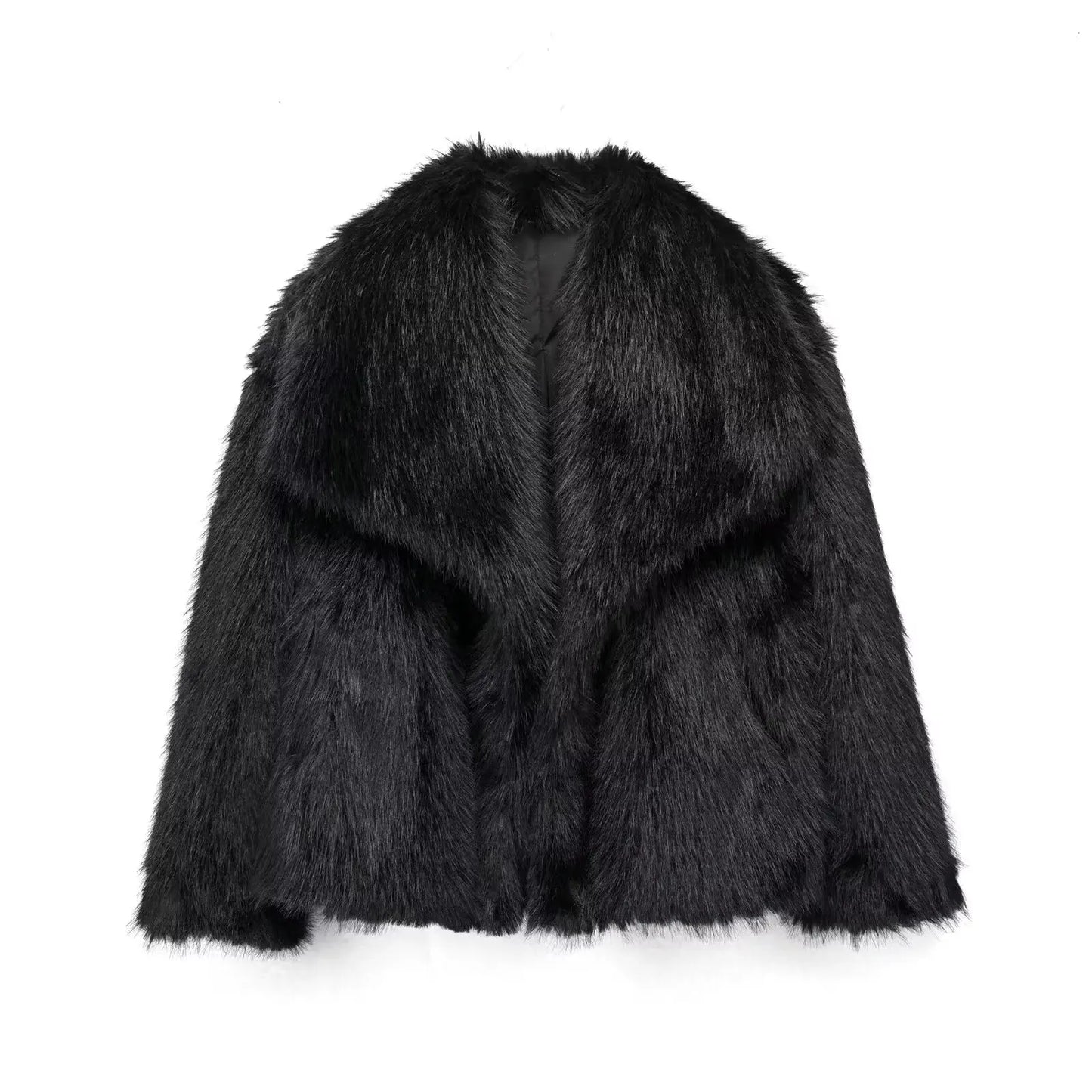 Women Fashion Cropped Faux Fur Jacket Coat Long Sleeve Front Snap-button Female Outerwear Chic Lapel Collar Thick Coat Natalia Home Fashion black-L Natalia Home Fashion
